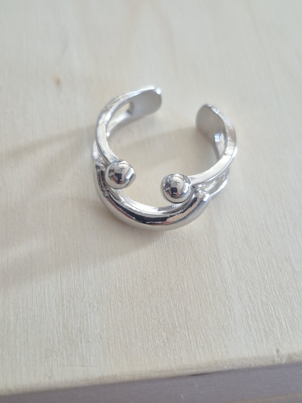 Smiley Face Silver Open Cuff Ring with Double Dot Detail Adjustable Fit Jewerly